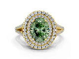 Yellow gold Fancy Green Oval Cut Diamond Double Halo Ring with Pavé Band and Prong Setting_76