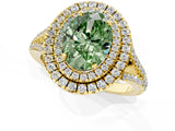 Yellow gold Fancy Green Oval Cut Diamond Double Halo Ring with Pavé Band and Prong Setting_77