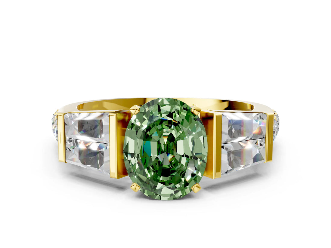 Yellow gold Fancy Green Oval Cut Diamond Engagement Ring with Baguette Side Stones and Channel Set Band_20
