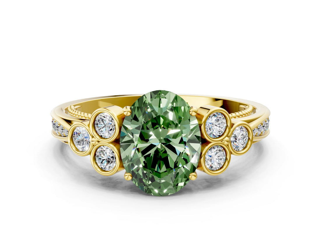 Yellow gold Fancy Green Oval  Cut Diamond Engagement Ring with Bezel Set Round Side Stones and Prong Setting_49