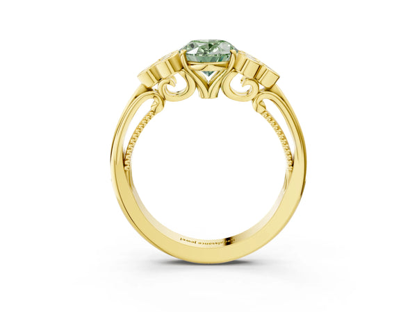 Yellow Gold Oval Engagement Ring Setting for Fancy Green Center with Bezel-Set Shoulder Clusters