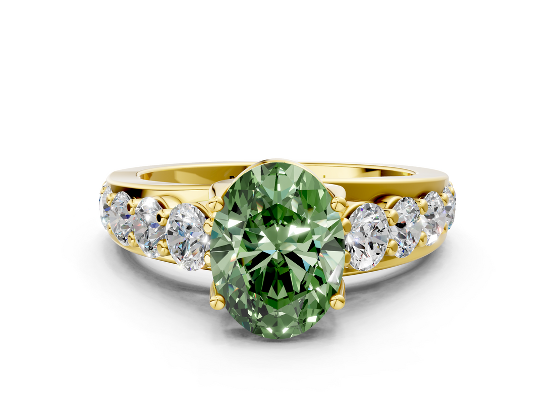 Yellow gold Fancy Green Oval  Cut Diamond Engagement Ring with Pavé Band and Four-Prong Setting_3