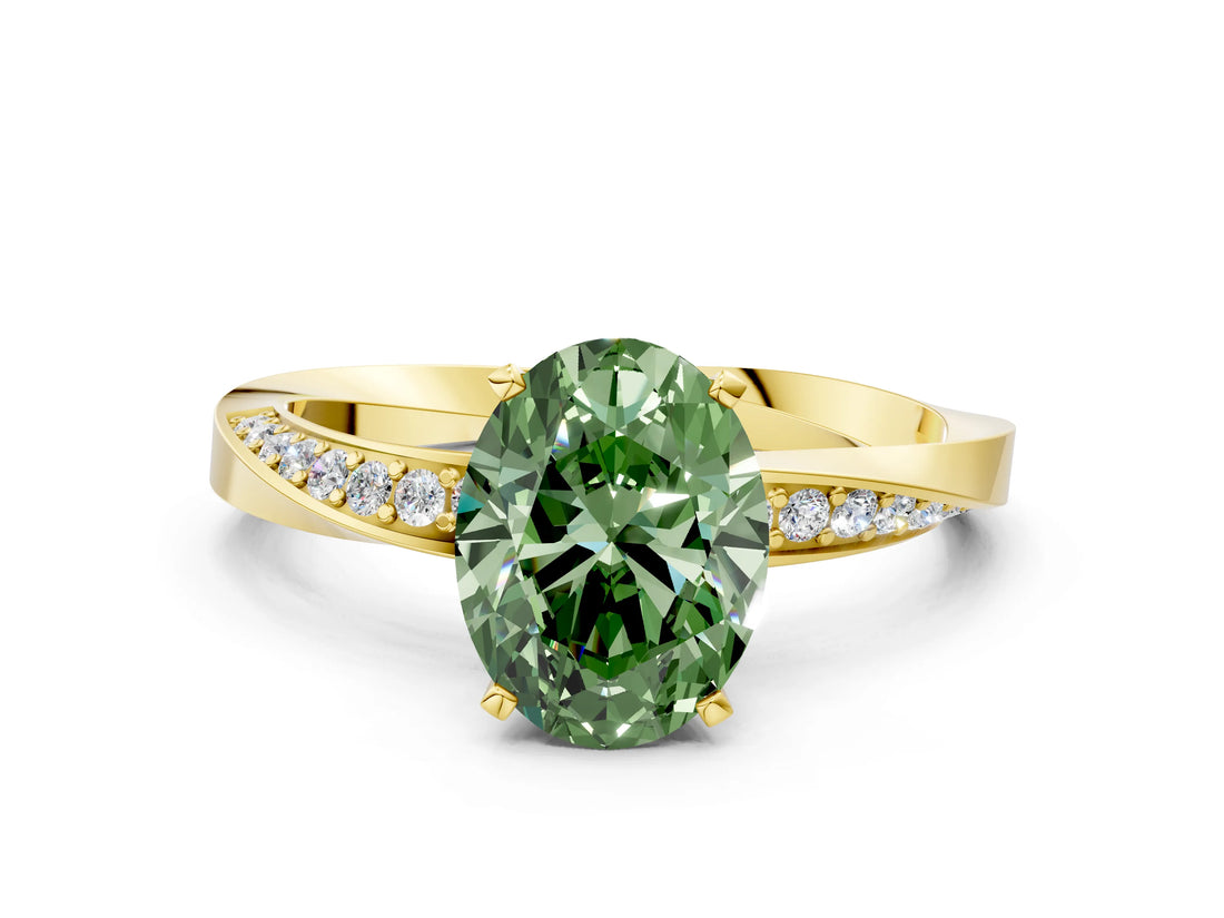 Yellow gold Fancy Green Oval Cut Diamond Engagement Ring with Side Stone Accents and Four-Prong Setting_12