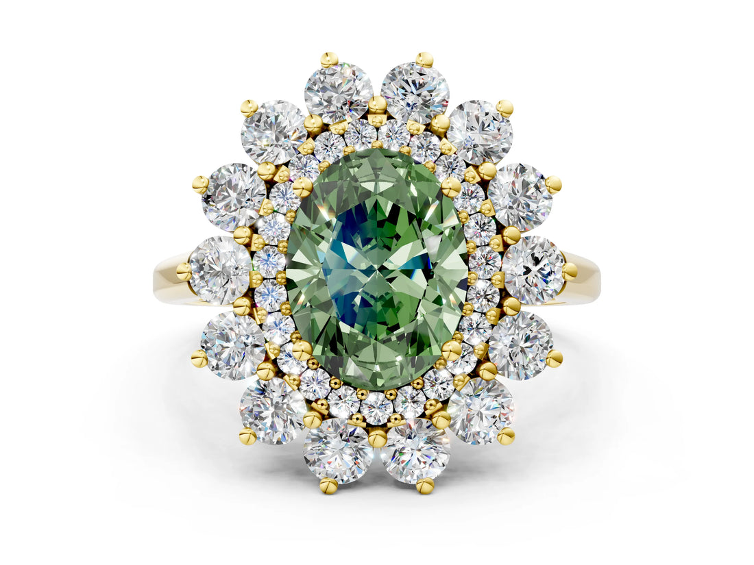 Yellow gold Fancy Green Oval Cut Diamond Floral Double Halo Engagement Ring with Prong Setting_72