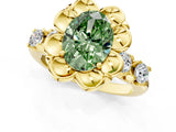 Yellow gold Fancy Green Oval  Cut Diamond Floral Halo Engagement Ring with Shared Prong Setting 1
