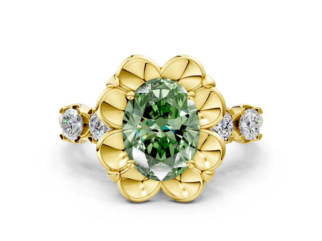 Yellow gold Fancy Green Oval  Cut Diamond Floral Halo Engagement Ring with Shared Prong Setting
