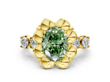 Yellow gold Fancy Green Oval  Cut Diamond Floral Halo Engagement Ring with Shared Prong Setting