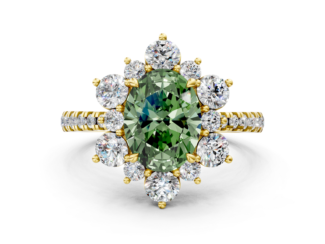 Yellow gold Fancy Green Oval  Cut Diamond Floral Halo Pave Band with Prong Setting_36