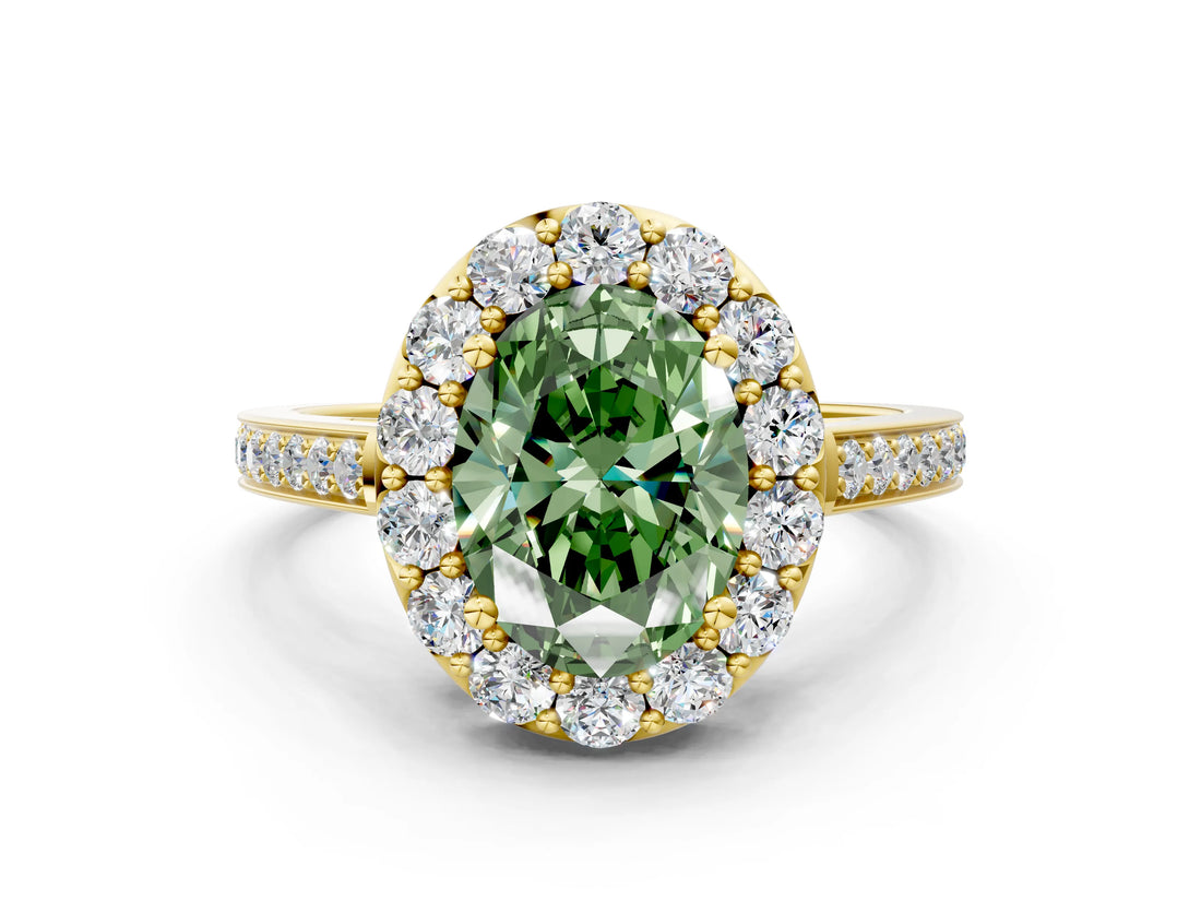Yellow gold Fancy Green Oval Cut Diamond Floral Halo Ring with Pavé Band and Prong Setting_3
