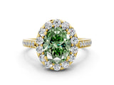 Yellow gold Fancy Green Oval Cut Diamond Floral Halo Ring with Pavé Band and Prong Setting_3