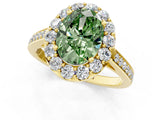 Yellow gold Fancy Green Oval Cut Diamond Floral Halo Ring with Pavé Band and Prong Setting_4