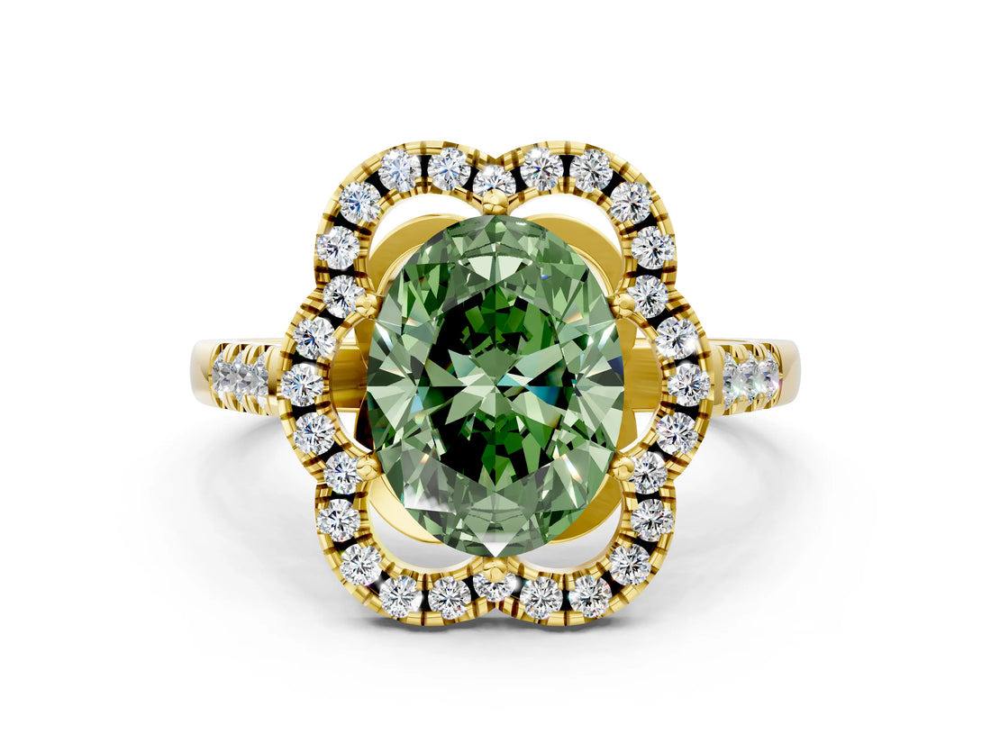 Yellow gold Fancy Green Oval Cut Diamond Floral Halo Split Shank Prong Setting Ring