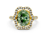 Yellow gold Fancy Green Oval Cut Diamond Floral Halo Split Shank Prong Setting Ring