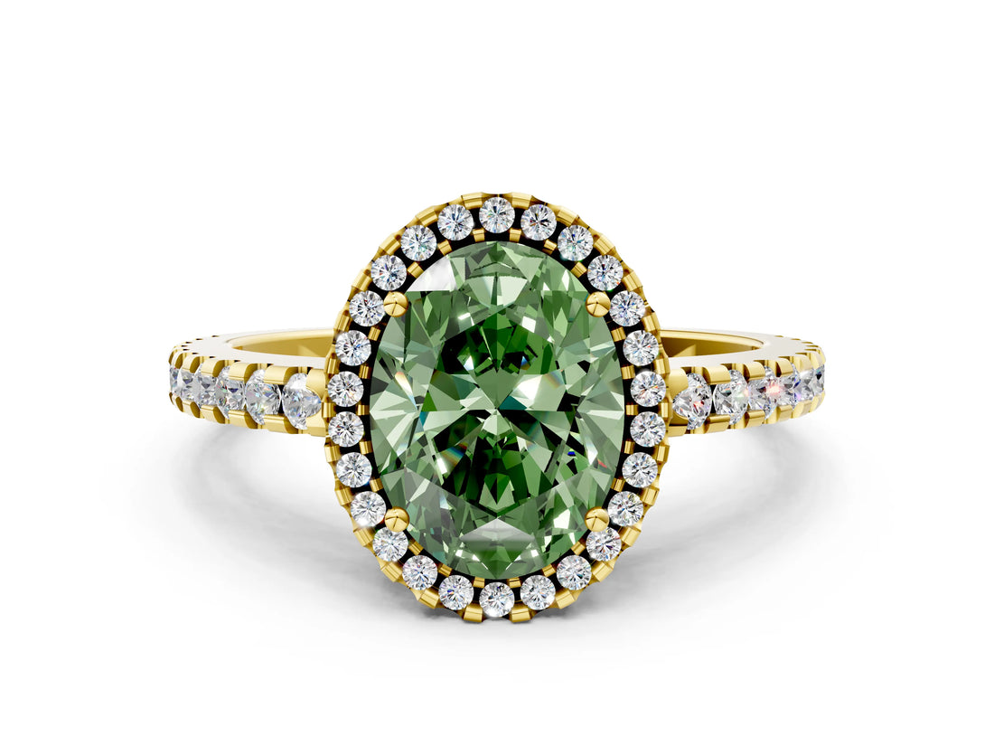 Yellow gold Fancy Green Oval Cut Diamond Halo Engagement Ring with Pavé Band and Prong Setting_27