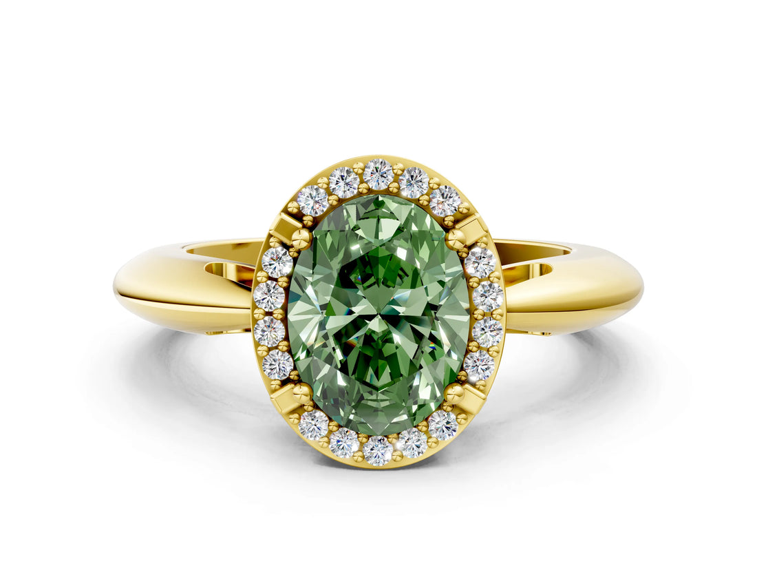 Yellow gold Fancy Green Oval  Cut Diamond Halo Engagement Ring with Split Shank and Four-Prong Setting_90