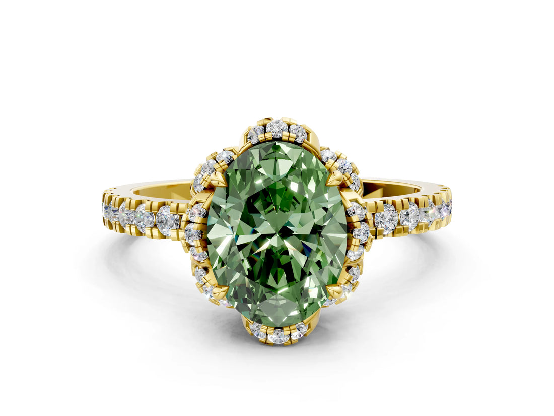 Yellow gold Fancy Green Oval Cut Diamond Halo Pave Band with Four-Prong Setting_3