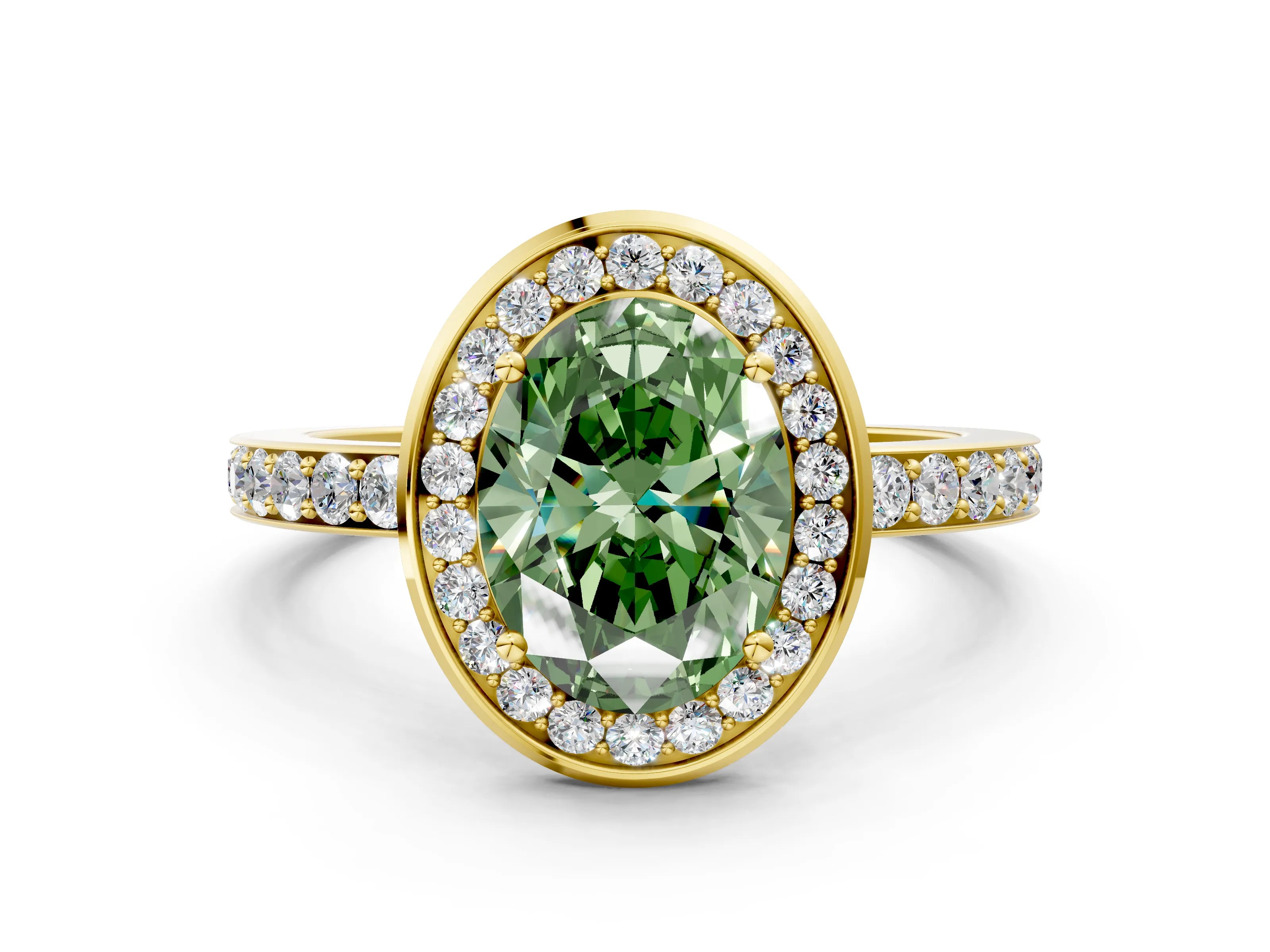 Yellow gold Fancy Green Oval Cut Diamond Halo Ring with Bezel Frame and Pavé Band