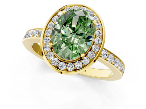Yellow gold Fancy Green Oval Cut Diamond Halo Ring with Bezel Frame and Pavé Band_1