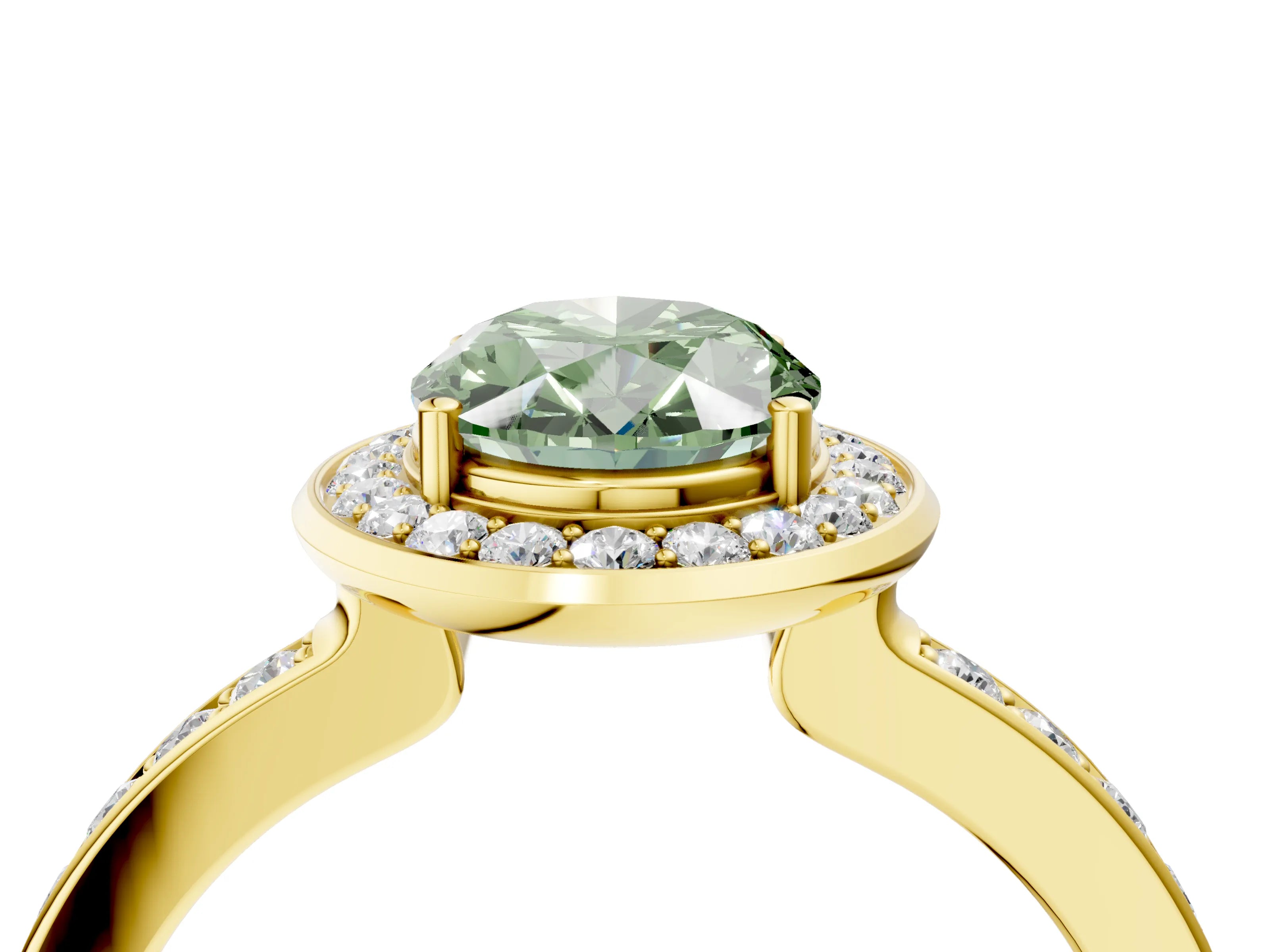 Yellow gold Fancy Green Oval Cut Diamond Halo Ring with Bezel Frame and Pavé Band_4