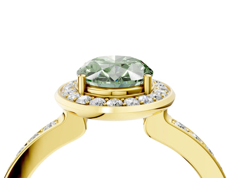 Yellow gold Fancy Green Oval Cut Diamond Halo Ring with Bezel Frame and Pavé Band_4