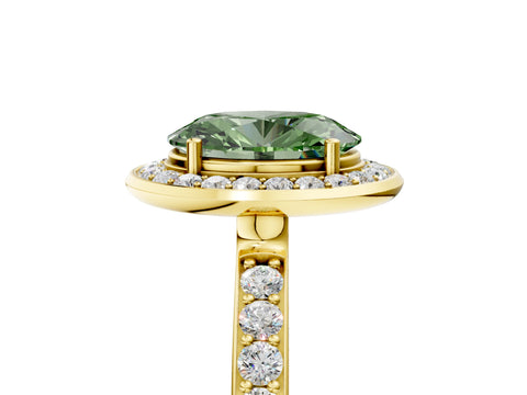 Yellow gold Fancy Green Oval Cut Diamond Halo Ring with Bezel Frame and Pavé Band_5