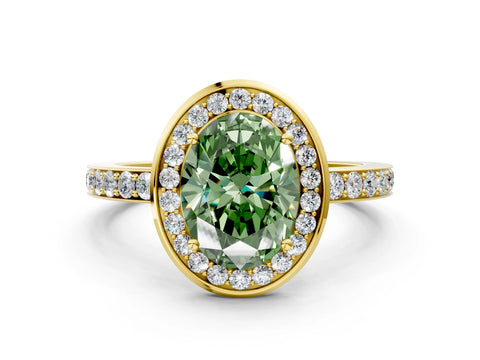 Yellow gold Fancy Green Oval Cut Diamond Halo Ring with Bezel Frame and Pavé Band