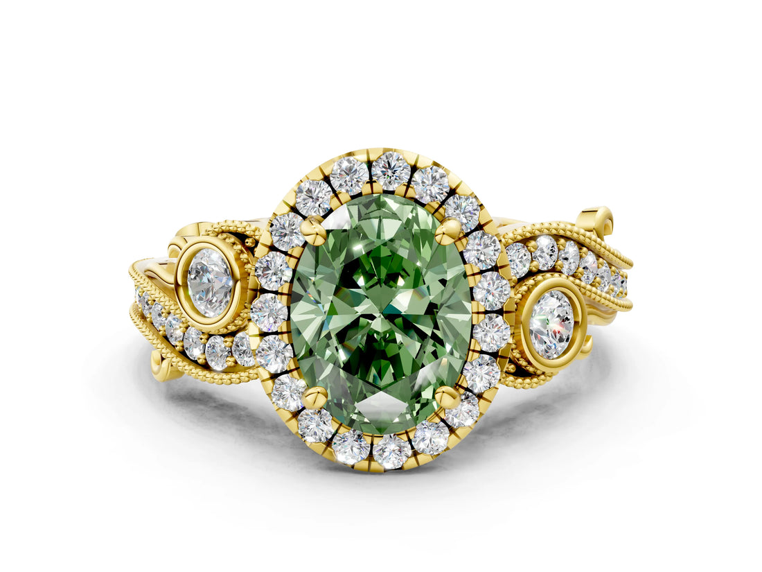Yellow gold Fancy Green Oval Cut Diamond Halo Ring with Milgrain Pavé Band and Four-Prong Setting_54