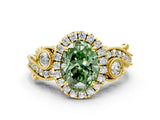 Yellow gold Fancy Green Oval Cut Diamond Halo Ring with Milgrain Pavé Band and Four-Prong Setting_54