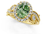 Yellow gold Fancy Green Oval Cut Diamond Halo Ring with Milgrain Pavé Band and Four-Prong Setting_55