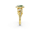 Yellow gold Fancy Green Oval Cut Diamond Halo Ring with Milgrain Pavé Band and Four-Prong Setting_56