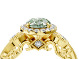 Yellow gold Fancy Green Oval Cut Diamond Halo Ring with Milgrain Pavé Band and Four-Prong Setting_58
