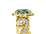 Yellow gold Fancy Green Oval Cut Diamond Halo Ring with Milgrain Pavé Band and Four-Prong Setting_59