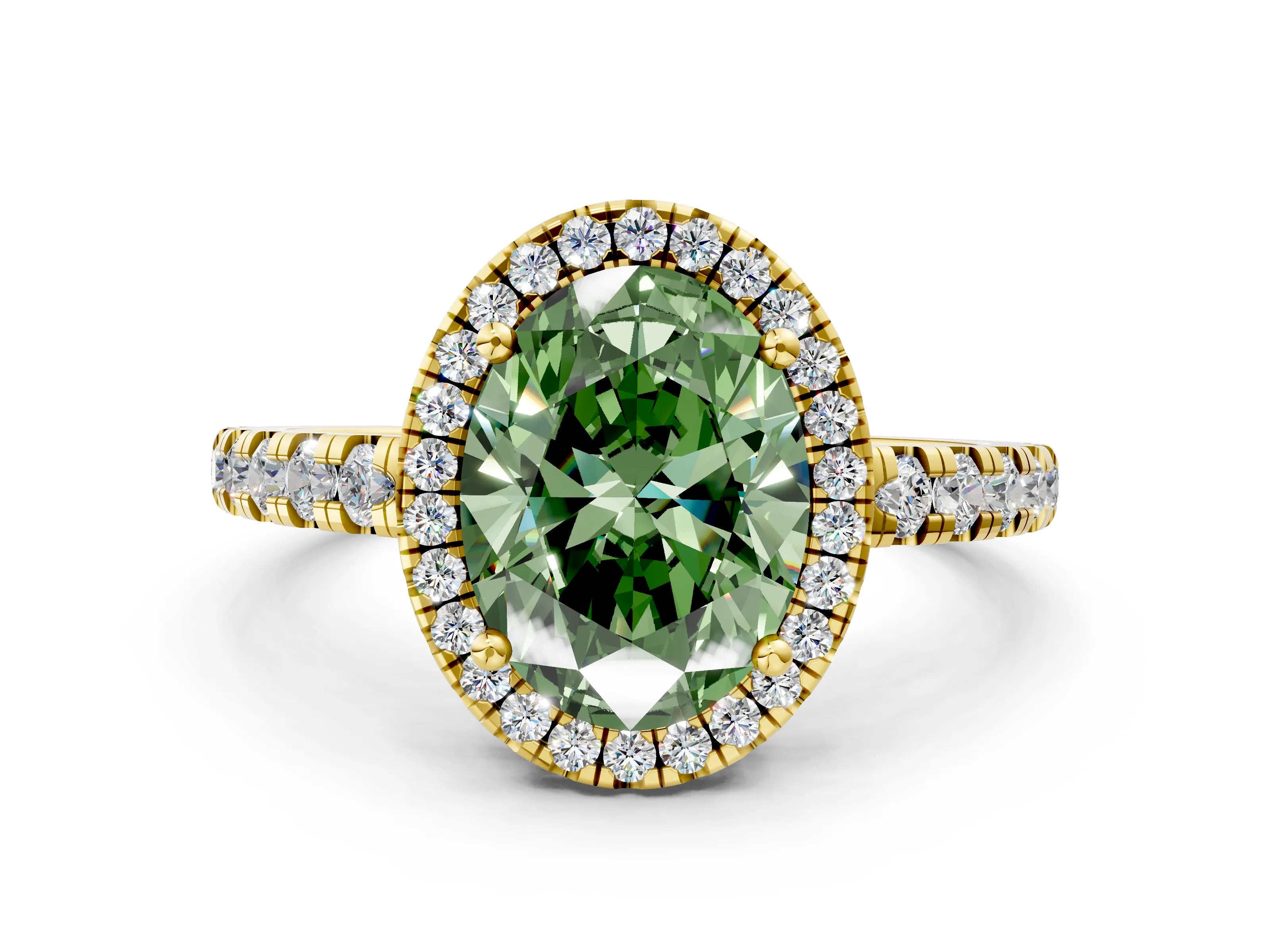 Yellow gold Fancy Green Oval Cut Diamond Halo Ring with Pavé Band and Four-Prong Setting