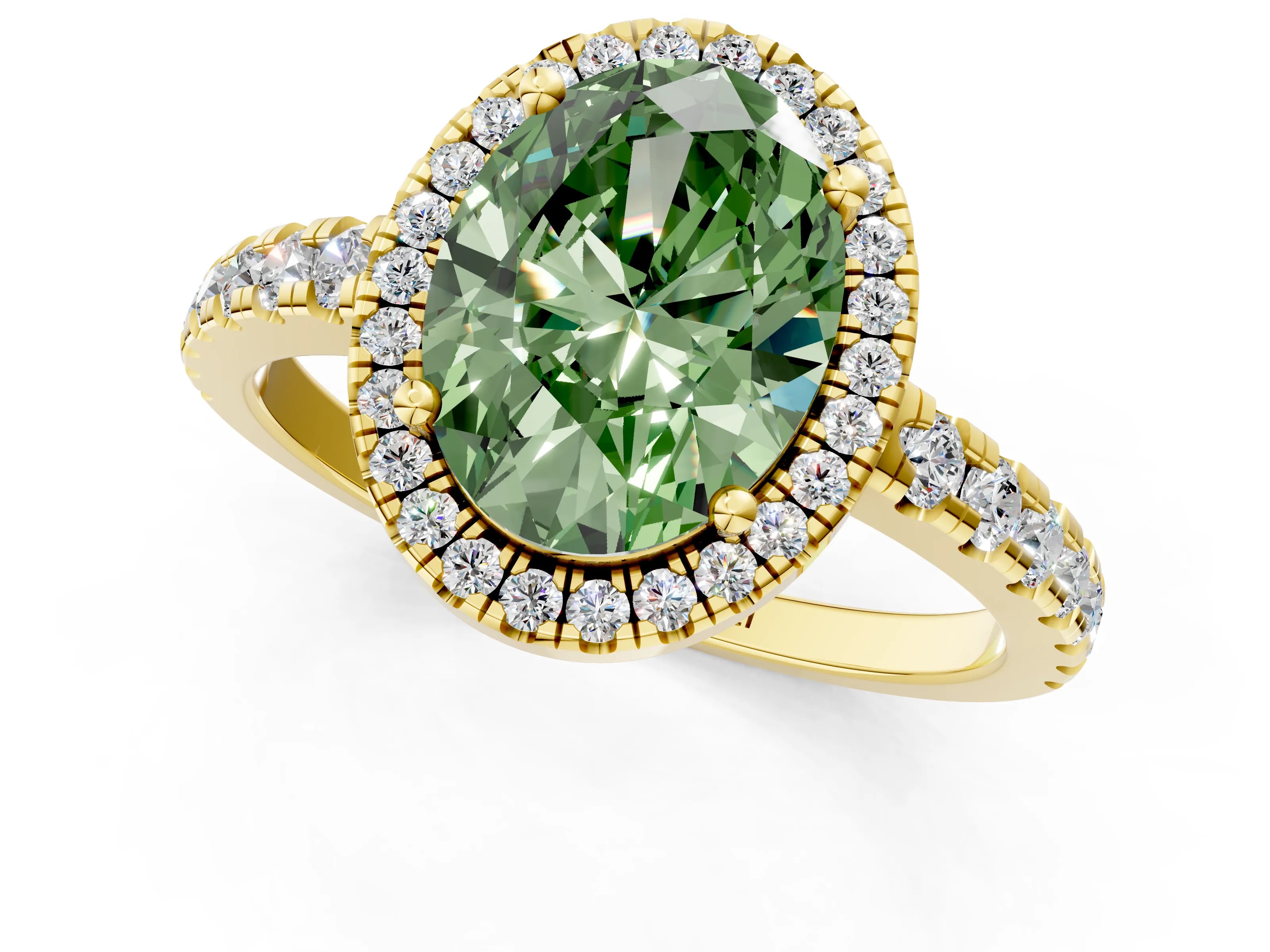 Yellow gold Fancy Green Oval Cut Diamond Halo Ring with Pavé Band and Four-Prong Setting_1