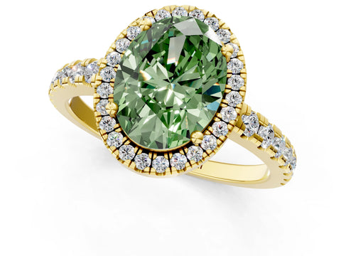 Yellow gold Fancy Green Oval Cut Diamond Halo Ring with Pavé Band and Four-Prong Setting_1