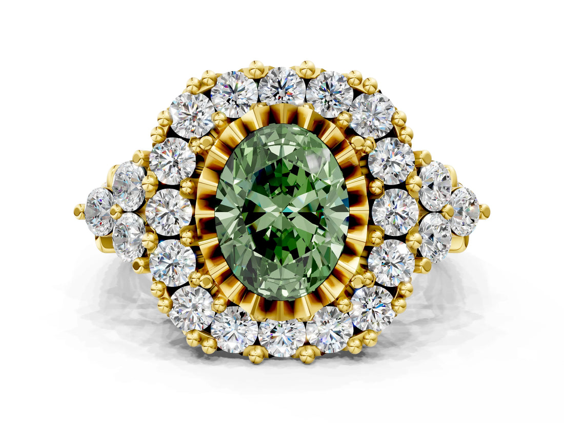 Yellow gold Fancy Green Oval Cut Diamond Halo Ring with Pavé Band and Four-Prong Setting_41
