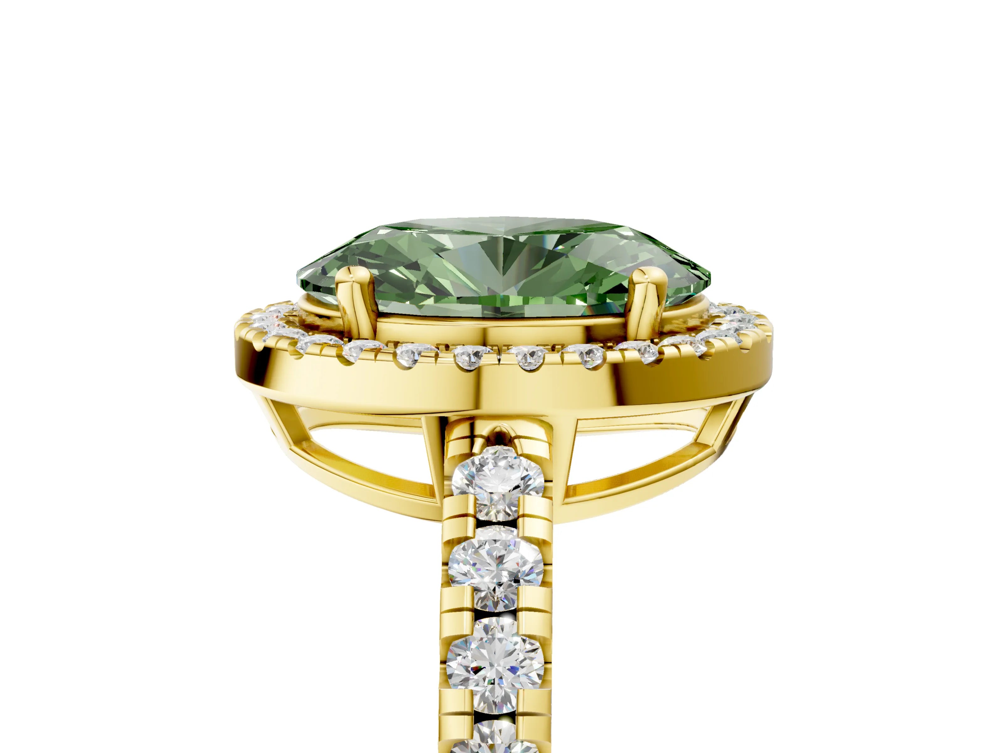 Yellow gold Fancy Green Oval Cut Diamond Halo Ring with Pavé Band and Four-Prong Setting_5