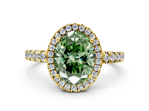 Yellow gold Fancy Green Oval Cut Diamond Halo Ring with Pavé Band and Four-Prong Setting