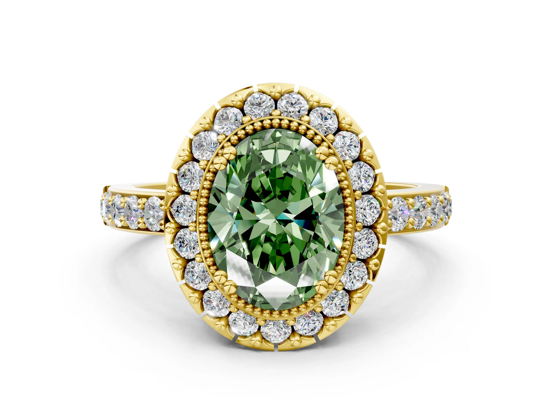 Yellow gold Fancy Green Oval Cut Diamond Halo Ring with Pavé Band and Prong Setting
