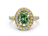 Yellow gold Fancy Green Oval Cut Diamond Halo Ring with Pavé Band and Prong Setting