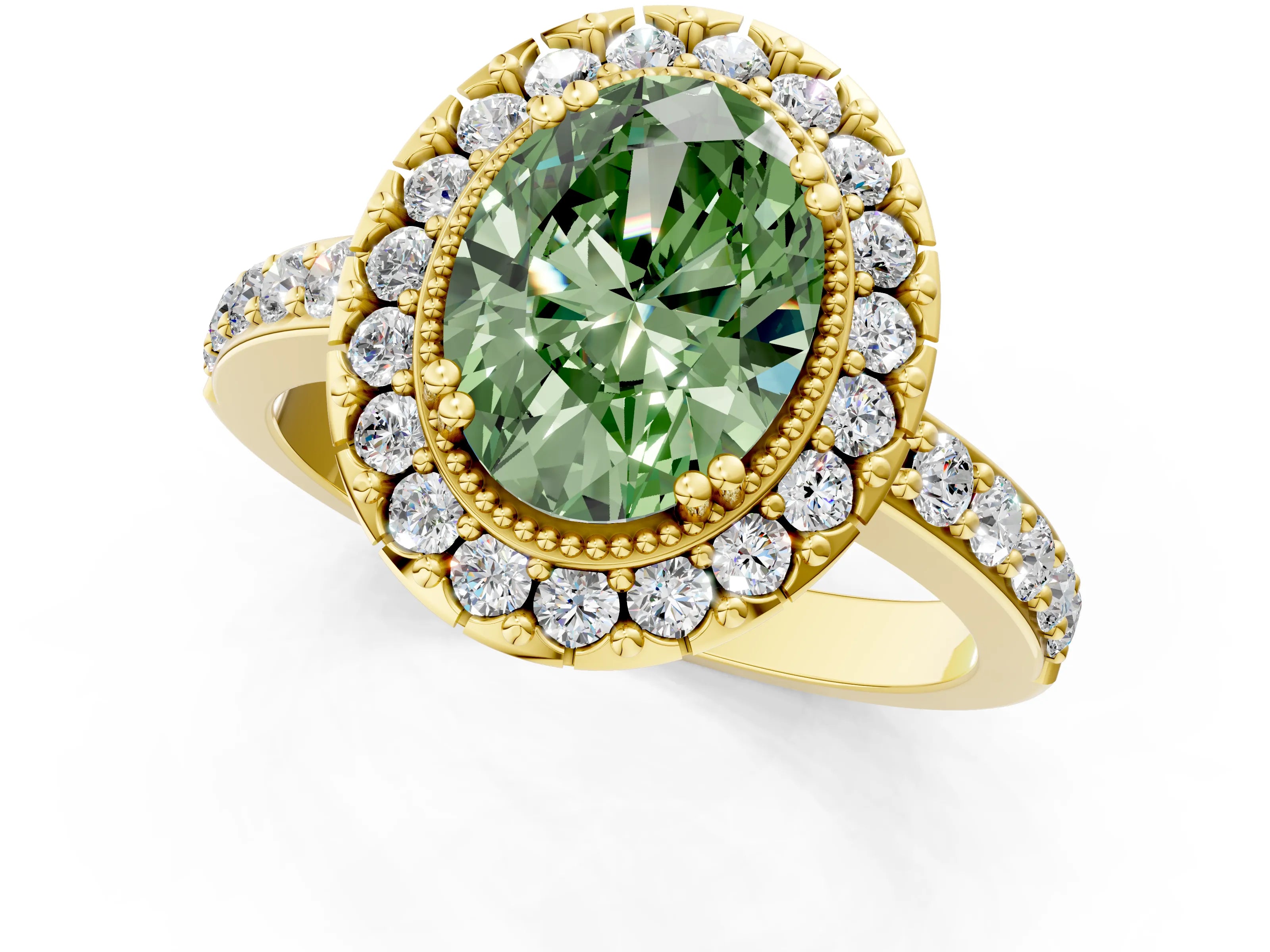 Yellow gold Fancy Green Oval Cut Diamond Halo Ring with Pavé Band and Prong Setting_1