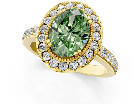 Yellow gold Fancy Green Oval Cut Diamond Halo Ring with Pavé Band and Prong Setting_1