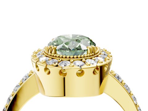 Yellow gold Fancy Green Oval Cut Diamond Halo Ring with Pavé Band and Prong Setting_4