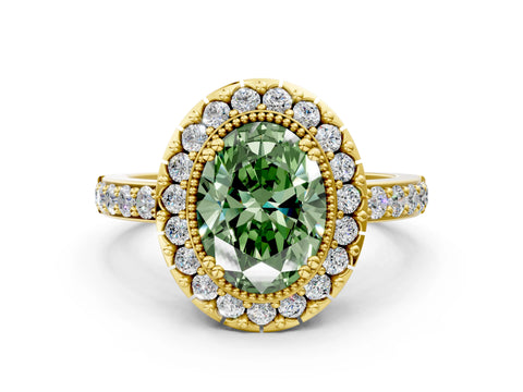 Yellow gold Fancy Green Oval Cut Diamond Halo Ring with Pavé Band and Prong Setting