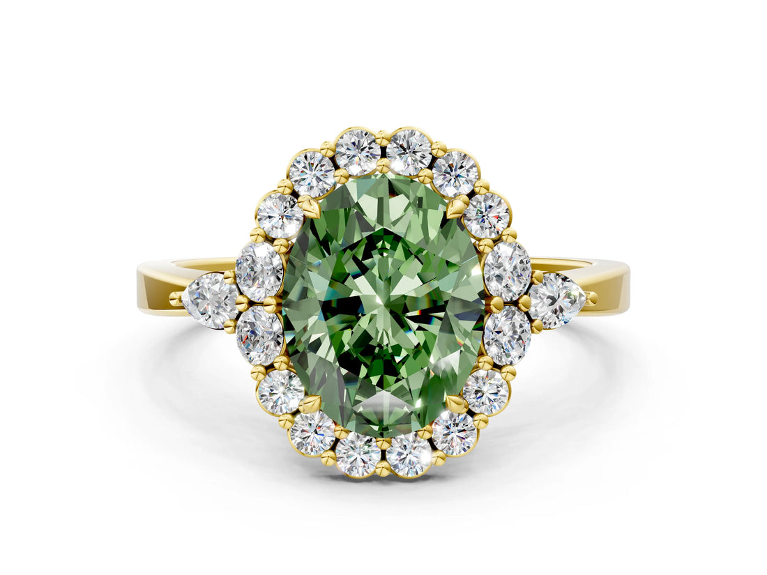 Yellow gold Fancy Green Oval Cut Diamond Halo Ring with Pear Side Stones and Prong Setting_86
