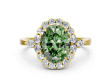 Yellow gold Fancy Green Oval Cut Diamond Halo Ring with Pear Side Stones and Prong Setting_86