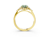 Yellow gold Fancy Green Oval Cut Diamond Halo Ring with Pear Side Stones and Prong Setting_89