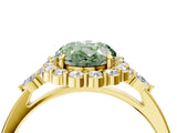 Yellow gold Fancy Green Oval Cut Diamond Halo Ring with Pear Side Stones and Prong Setting_90
