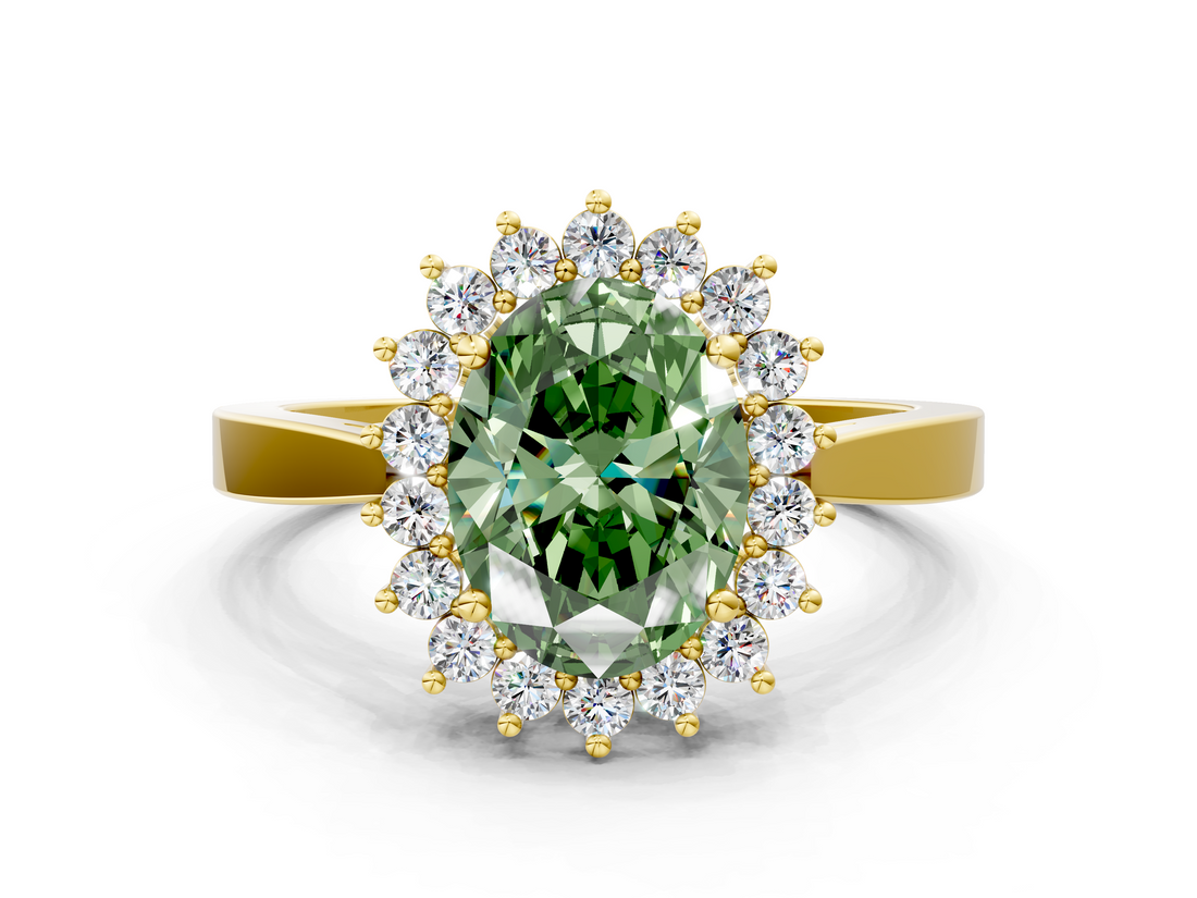 Yellow gold Fancy Green Oval  Cut Diamond Halo Ring with Round Brilliant Halo and Solitaire Band_73