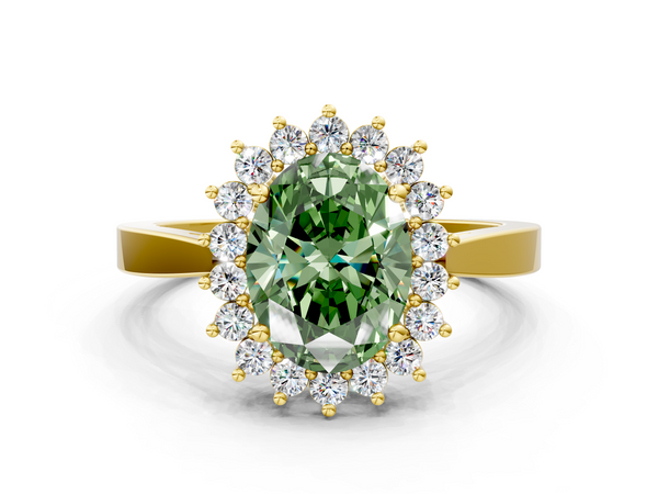 Yellow gold Fancy Green Oval  Cut Diamond Halo Ring with Round Brilliant Halo and Solitaire Band